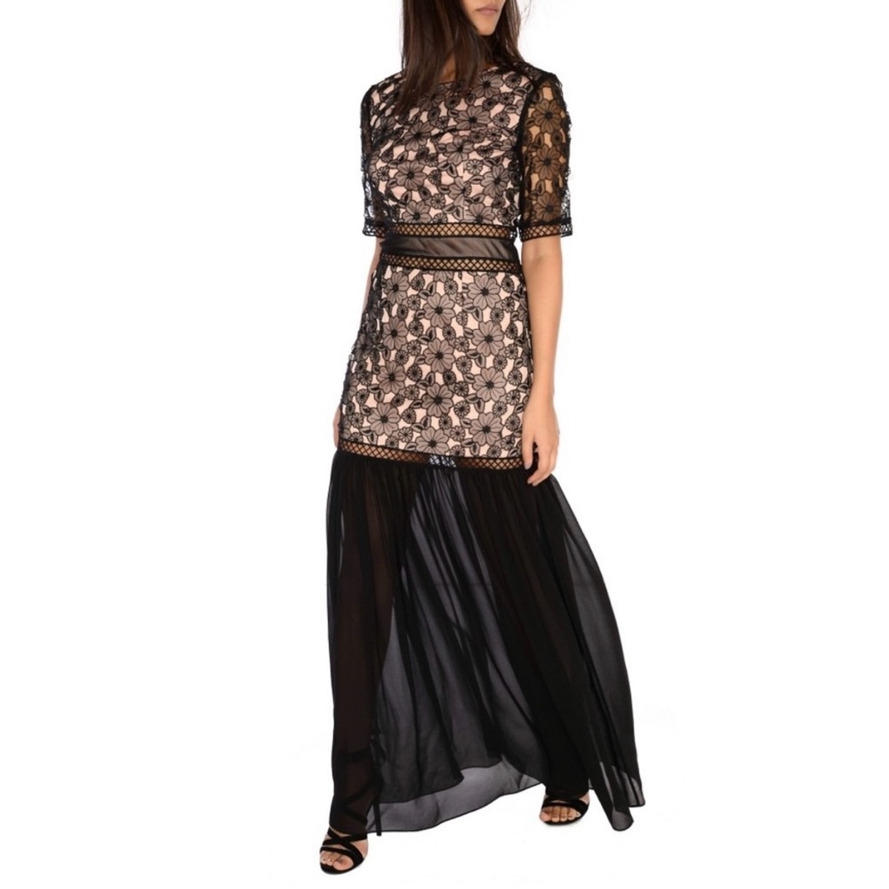 Black Lace and Tan Cut Out Sheer Formal Maxi Dress S